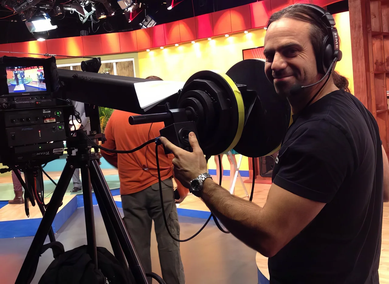 Ariel Roncoli operating camera controls on a television set