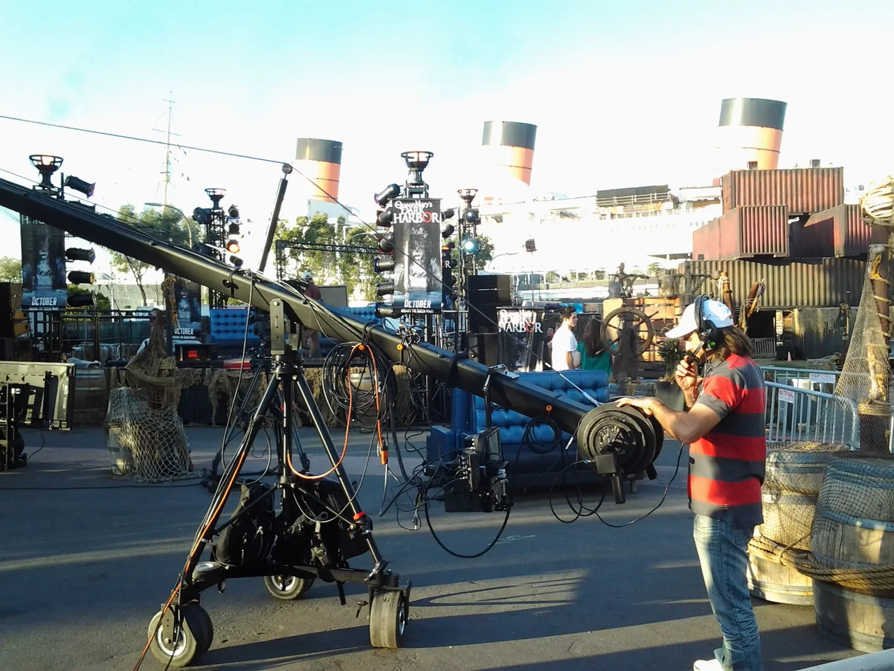 Ariel working beside a full camera crane on location