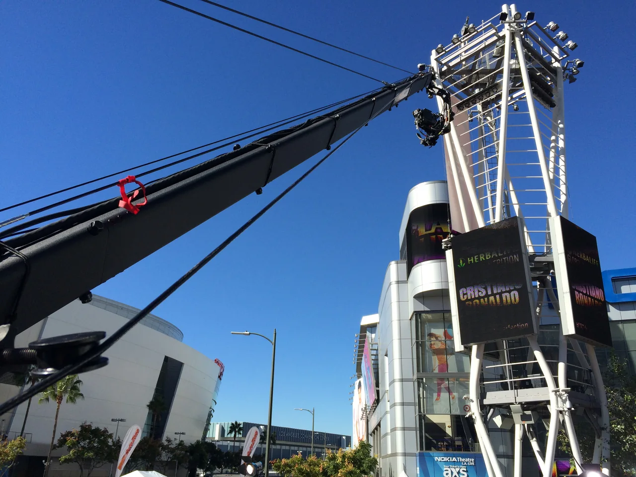 Professional camera jib configured for an outdoor production