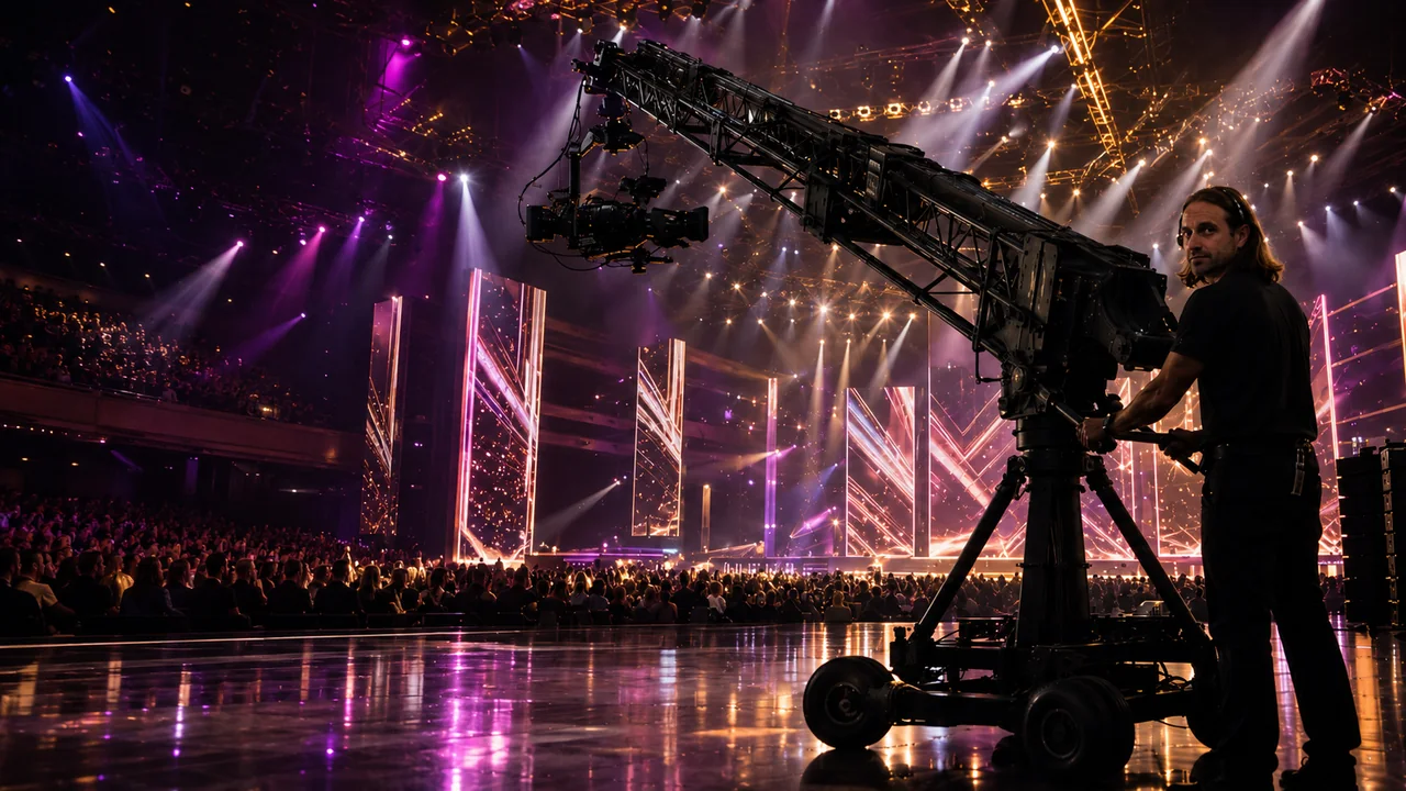 Ariel Roncoli operating a professional camera crane on an outdoor production