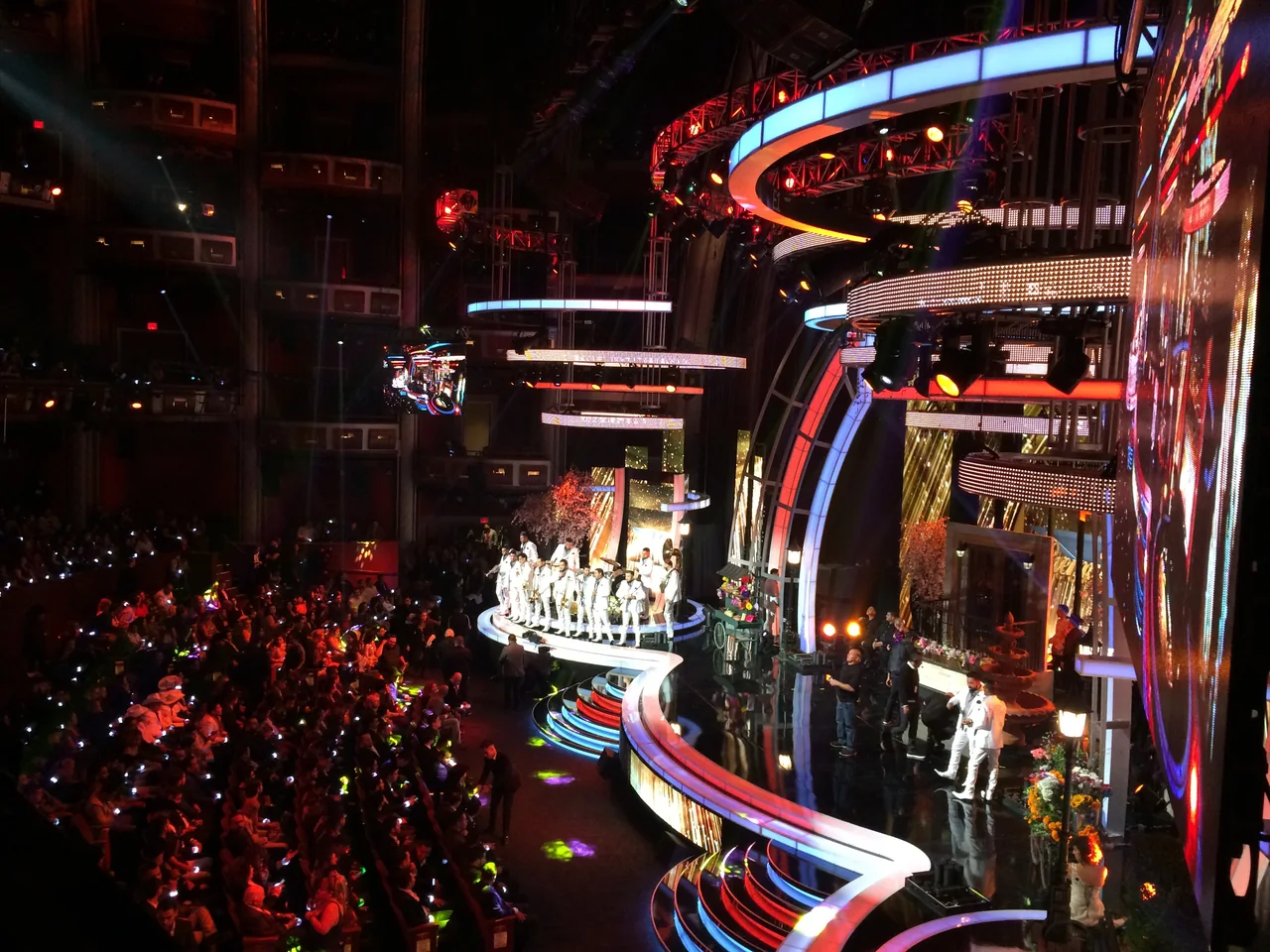 Large live-event television set viewed from the production floor